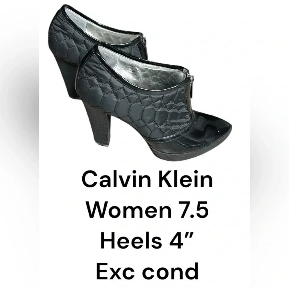 Calvin Klein women booties 7.5 chunky high heel,black quilt,witchy,moto,goth,EC